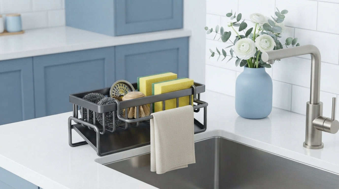 A modern carbon steel rag draining rack sits on a bright kitchen counter next to a sink, surrounded by dusty blue and white k