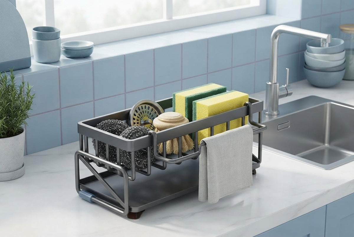 A modern carbon steel dish rack placed on a bright kitchen countertop with soft blue accents in the background.